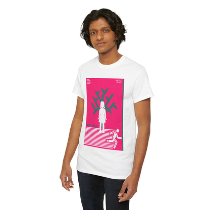 Man wearing a luxury Squid Game-inspired graphic t-shirt in white with vibrant pink and green design, perfect for fashion-forward individuals.