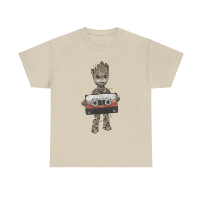 Baby Groot Awesome Mixtape Unisex Men´s Women´s Graphic T Shirt Tee in a light beige colour featuring a detailed illustration of Baby Groot holding an audio cassette.