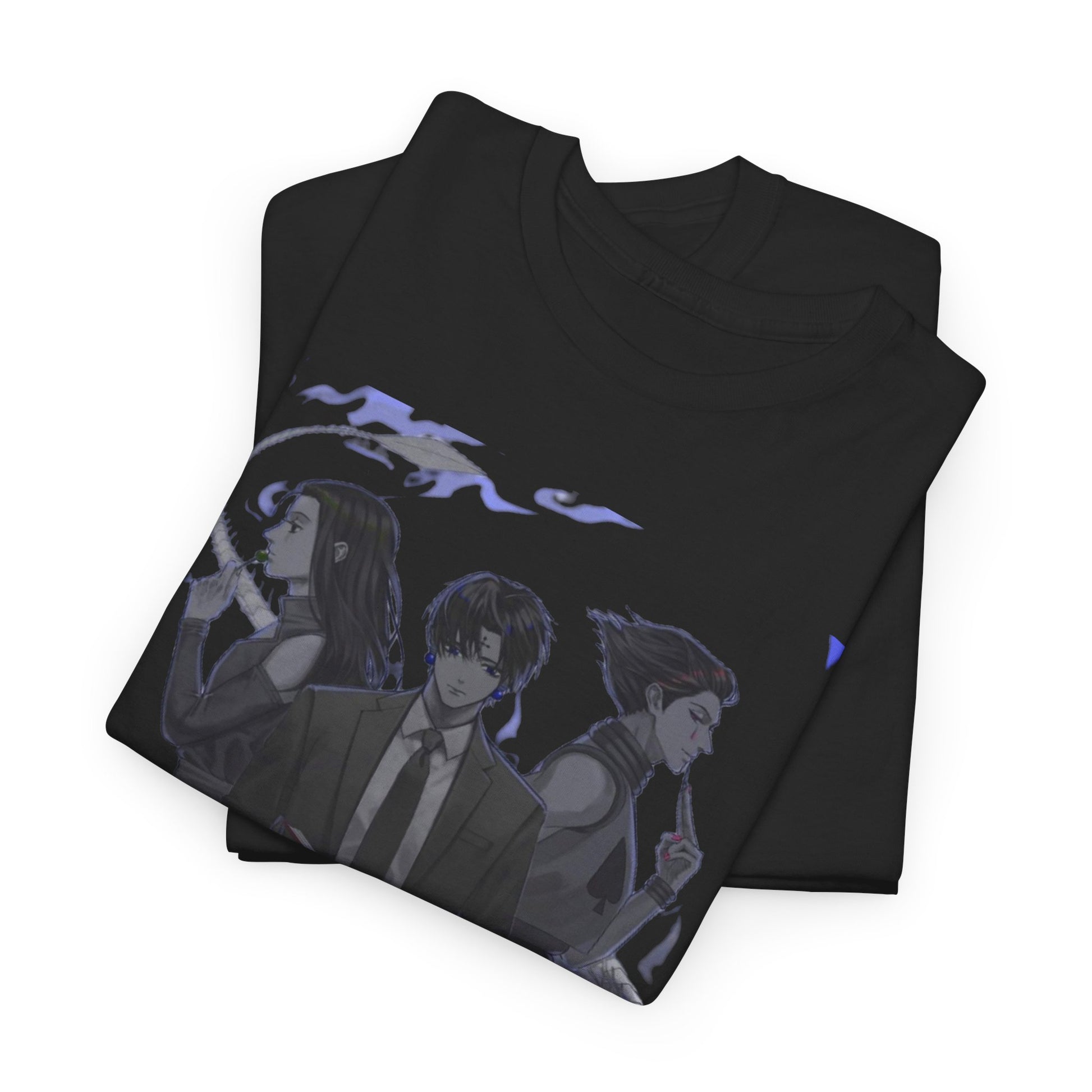 Premium Hunter x Hunter Phantom Rouge T-shirts neatly folded, highlighting the exquisite character illustrations in a sophisticated design, ideal for collectors.