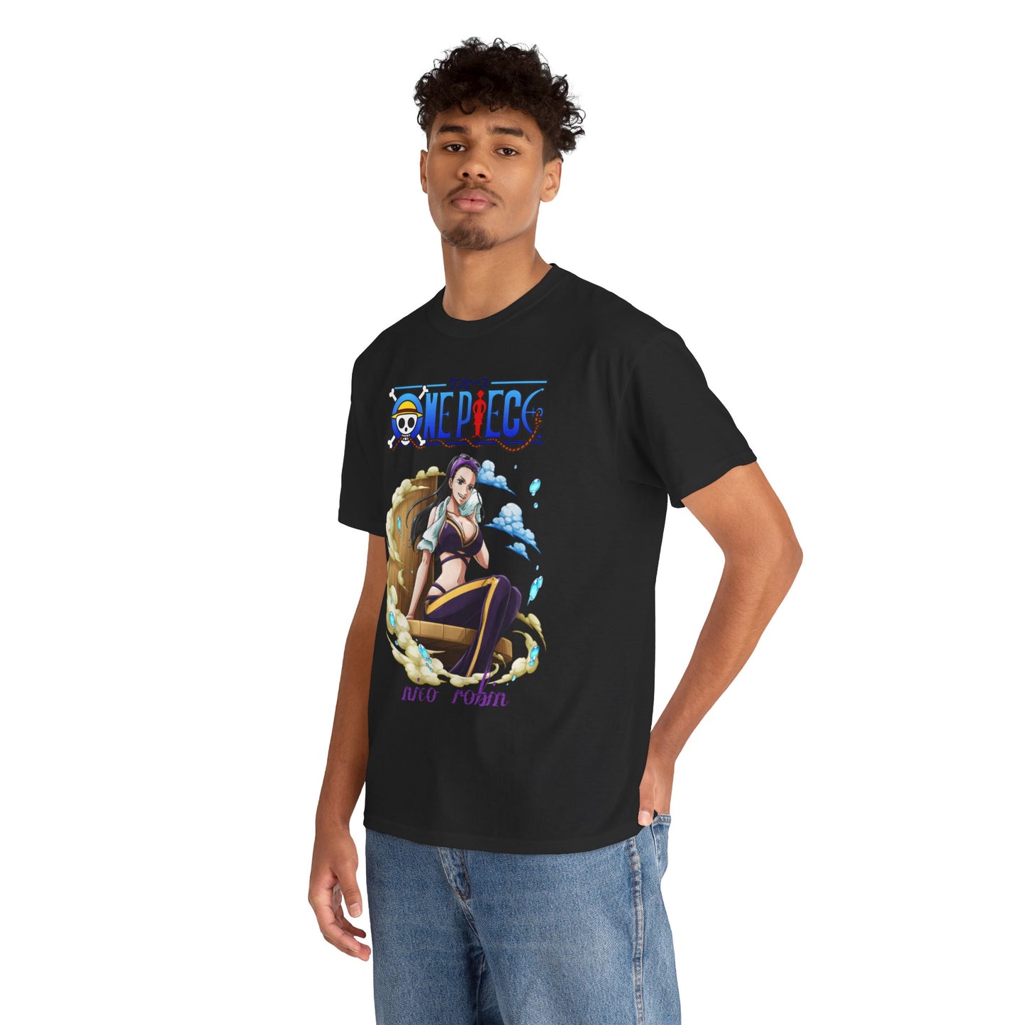 Elegant men's t-shirt featuring Nico Robin from One Piece, modelled on a stylish individual, embodying a trendy look that combines anime culture with contemporary fashion.