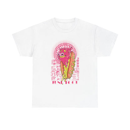 Luxurious vintage cartoon-inspired men's t-shirt featuring a whimsical graphic of a cheerful pink pig topped with a cartoon hot dog, set against a vibrant retro backdrop, ideal for food enthusiasts.
