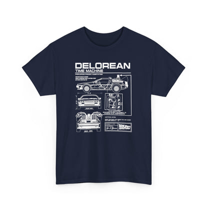 Elegant navy t-shirt featuring a meticulously designed DeLorean time machine blueprint, capturing iconic details and vintage charm.