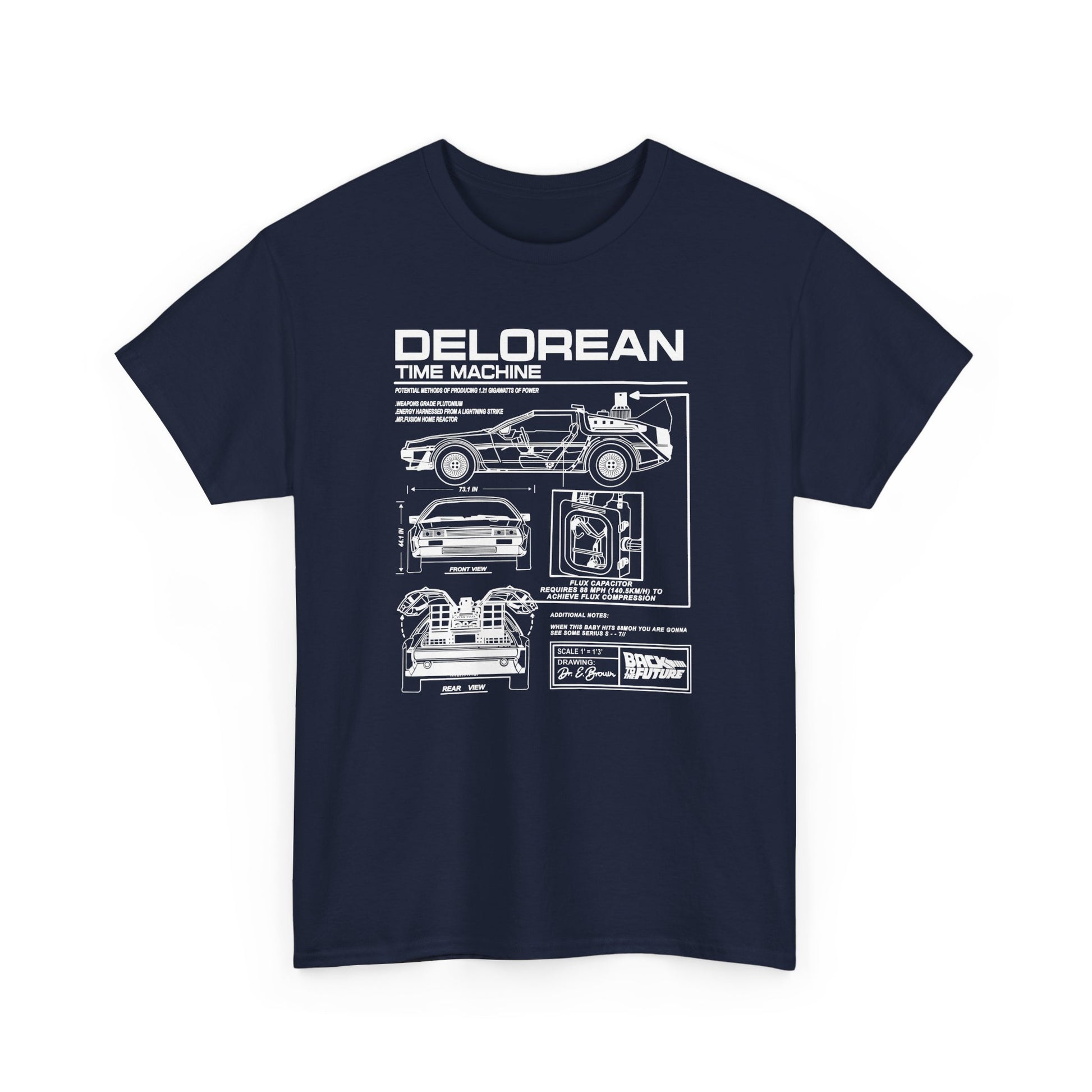 Front view of a stylish navy t-shirt featuring a detailed technical illustration of the DeLorean time machine from Back to the Future, showcasing its unique design elements and dimensions.