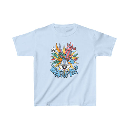 Unisex Kids Bugs Bunny Cotton T-Shirt Tee in light blue, featuring a vibrant depiction of Bugs Bunny and the phrase 'What's Up Doc?' Merging classic animation with modern elegance for fashionable youth.