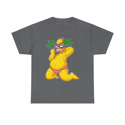 Homer Simpson Unisex Cotton Tee - Graphic T-Shirt with Playful Caricature Design featuring Homer in a humorous pose, adorned with a purple mask and pink bikini, ideal for casual outings.