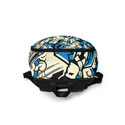 Stylish and functional Sunset Geometry Fusion Pop-Art Backpack from Dazzling Dreams Studio, featuring intricate patterns and lively colours, ideal for fashion-forward individuals.