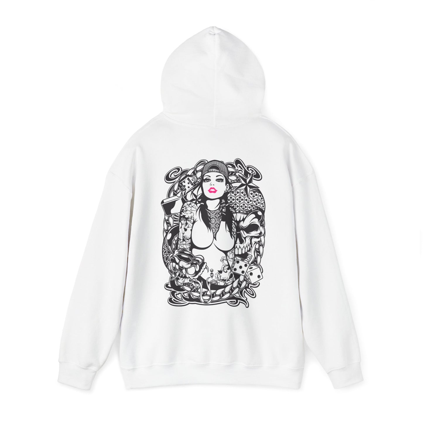 Luxury white hoodie featuring a striking tattoo-style graphic on the back, showcasing an elegant female figure surrounded by intricate floral and skull elements.
