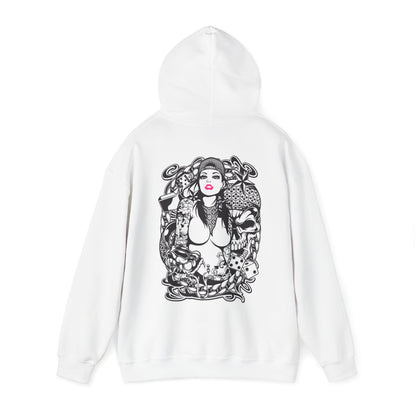 Luxury white hoodie featuring a striking tattoo-style graphic on the back, showcasing an elegant female figure surrounded by intricate floral and skull elements.