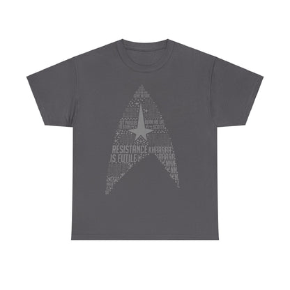Star Trek Federation Logo Art Graphic Unisex T-Shirt in refined charcoal, featuring a unique arrangement of famous Star Trek quotes for a luxurious look.