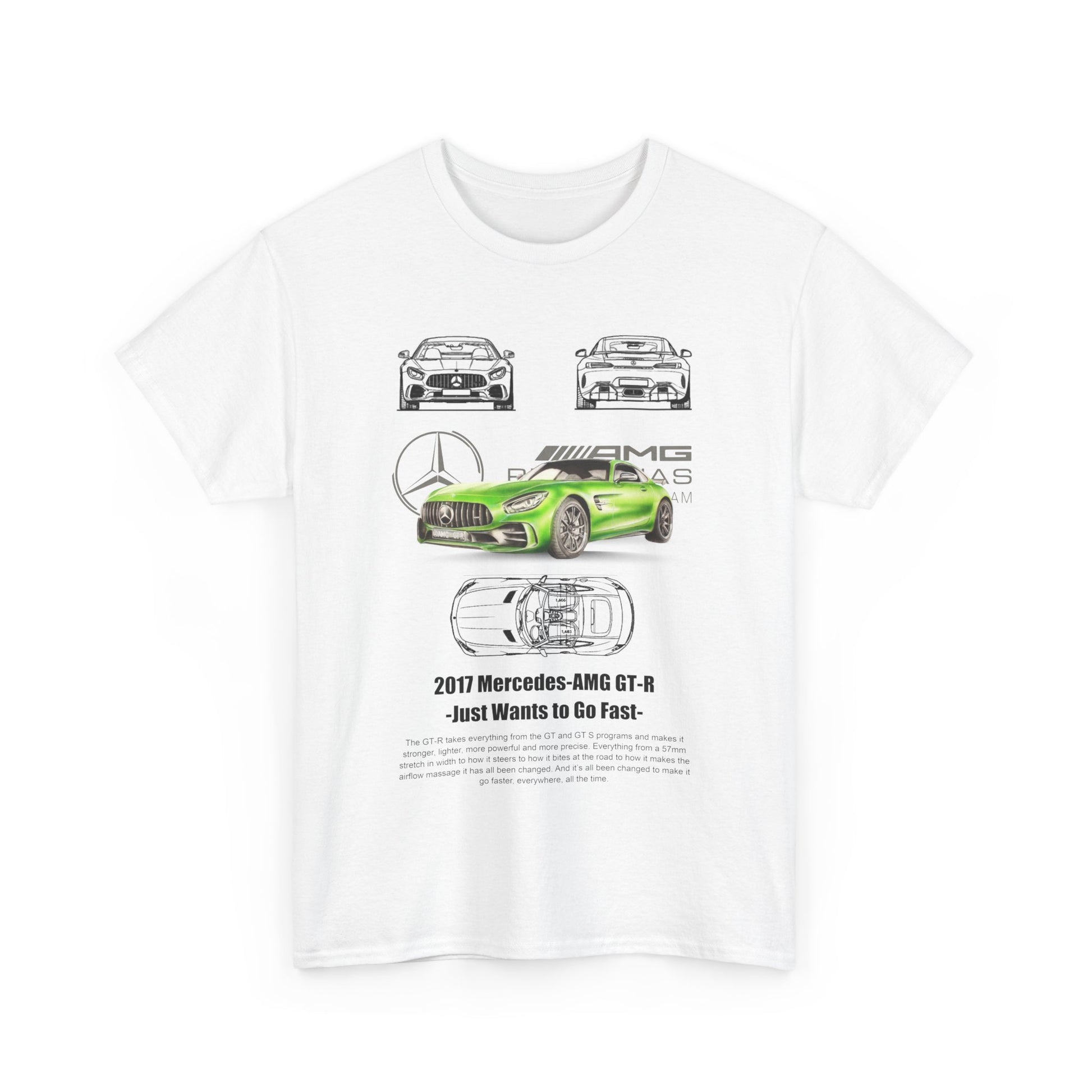 Stylish white T-shirt showcasing a dynamic illustration of the Mercedes-AMG GT-R in sleek green with intricate automotive sketches.