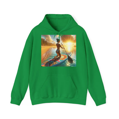 Fantasy Paddleboarding Unisex Hooded Sweatshirt showcasing a colourful paddleboarding scene at sunset, combining luxury, comfort, and a love for outdoor adventure.