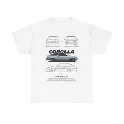 Luxurious white men's T-shirt featuring detailed artwork of the iconic Toyota Corolla AE86, showcasing technical illustrations from multiple angles with a stylish automotive design.