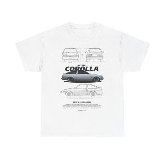 Luxurious white men's T-shirt featuring detailed artwork of the iconic Toyota Corolla AE86, showcasing technical illustrations from multiple angles with a stylish automotive design.