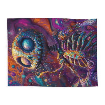 The Decorative and Warm Halloween Skellington Spooky Arctic Fleece Blanket spread out, featuring intricate Halloween-themed designs, perfect for cozy celebrations.