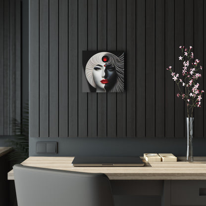 Sophisticated interior display of the Yin-Yang Acrylic Art Print in a stylish setting, illustrating the art piece as a focal point in contemporary decor.