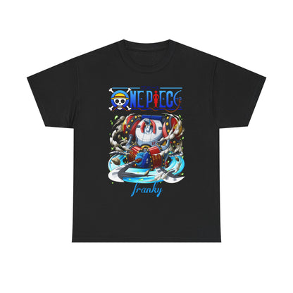 Luxury men's graphic t-shirt featuring Franky from One Piece, showcasing a vibrant and detailed design, perfect for anime enthusiasts and streetwear fashion.