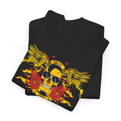 Folded Fearless Legacy Skull & Wings Graphic T-Shirts in black, elegantly displaying the intricate skull design with wings and flowers, representing an exquisite blend of fashion and art.