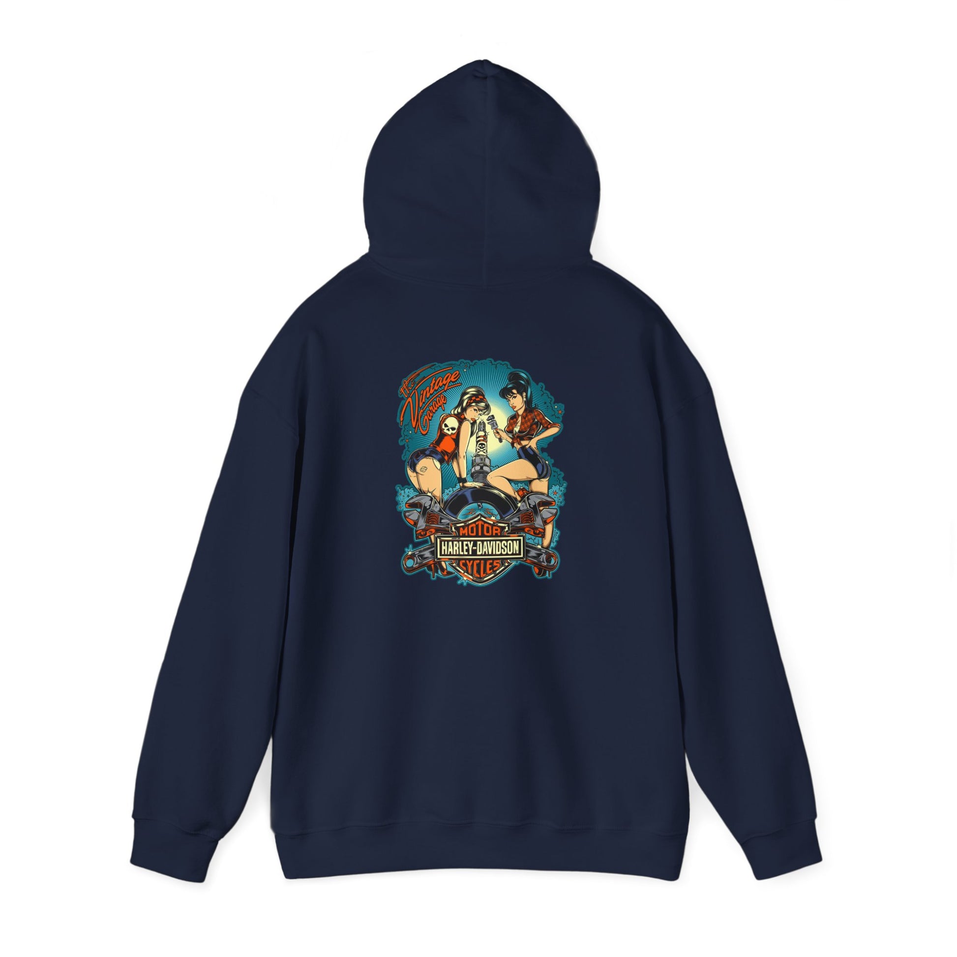 Navy hoodie showcasing a stunning pin-up design and motorcycle theme, ideal for fashion-forward individuals who appreciate vintage charm.