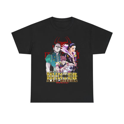 Elegant Hunter x Hunter T-Shirt presented in a sophisticated black shade, featuring striking artwork of Gon, Killua, and Hisoka, ideal for casual or convention wear.