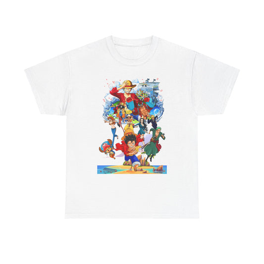 Elegant white men's t-shirt adorned with a striking anime character design, illustrating an exciting adventure theme, perfect for discerning fans.
