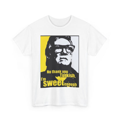 Elegant white graphic T-shirt showcasing the 'Brick Top Snatch' print, designed for both men and women, perfect for adding a touch of humour to any stylish outfit.