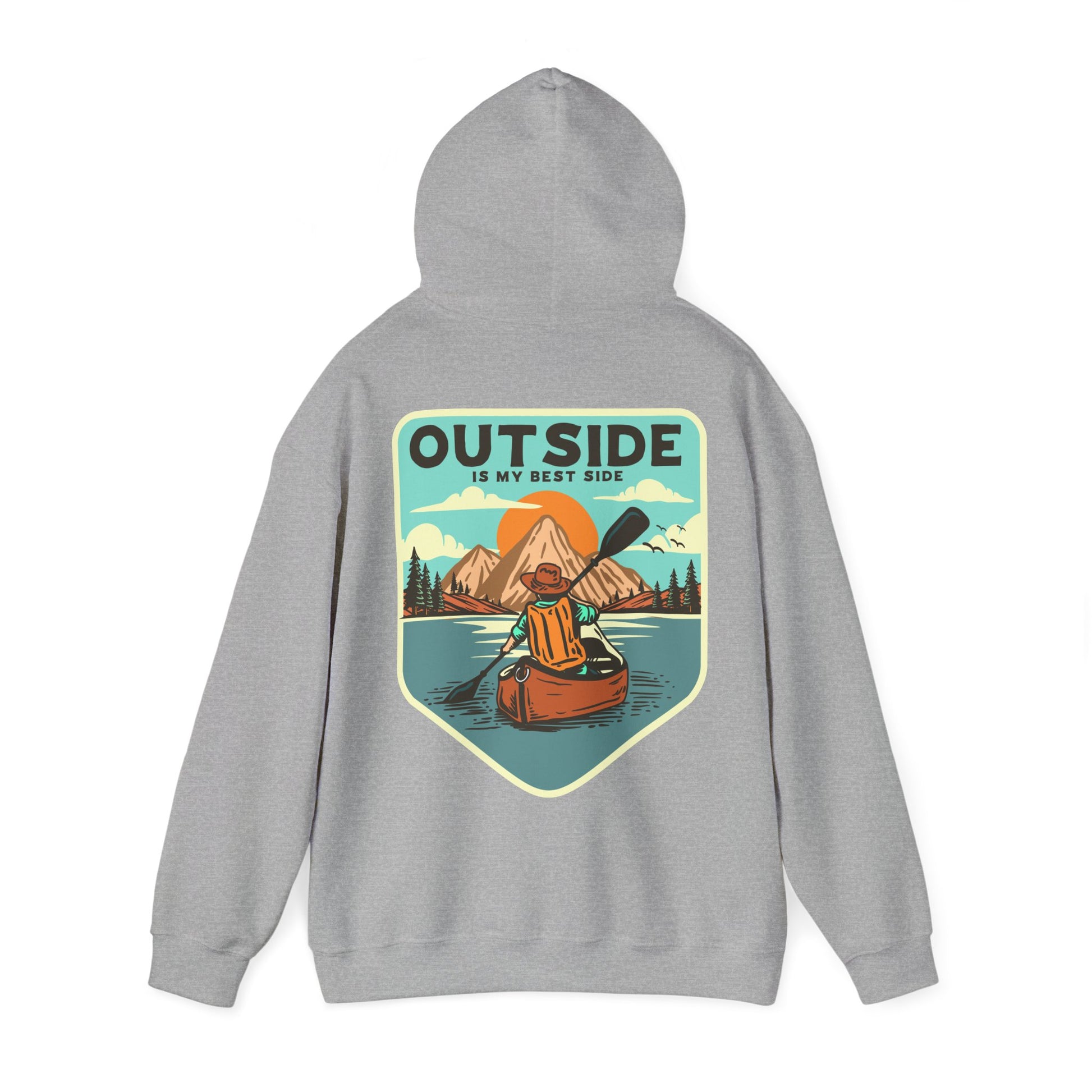 Premium grey hoodie with a vintage style graphic depicting a serene kayaking scene, illustrating the essence of adventure and the phrase 'OUTSIDE IS MY BEST SIDE'.