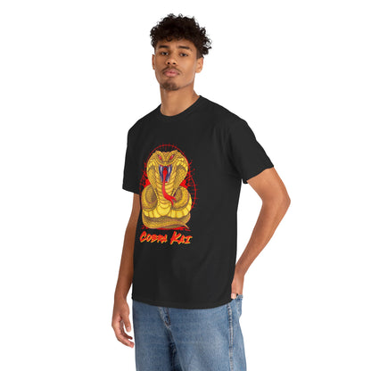 Exquisite unisex black Cobra Kai T-shirt featuring a vibrant graphic of a coiled cobra with striking details, suitable for stylish martial arts enthusiasts.