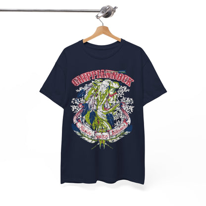 Sophisticated navy t-shirt hanging on display, highlighted by a vivid graphic of a wolf headdress, embodying strength and cultural identity.