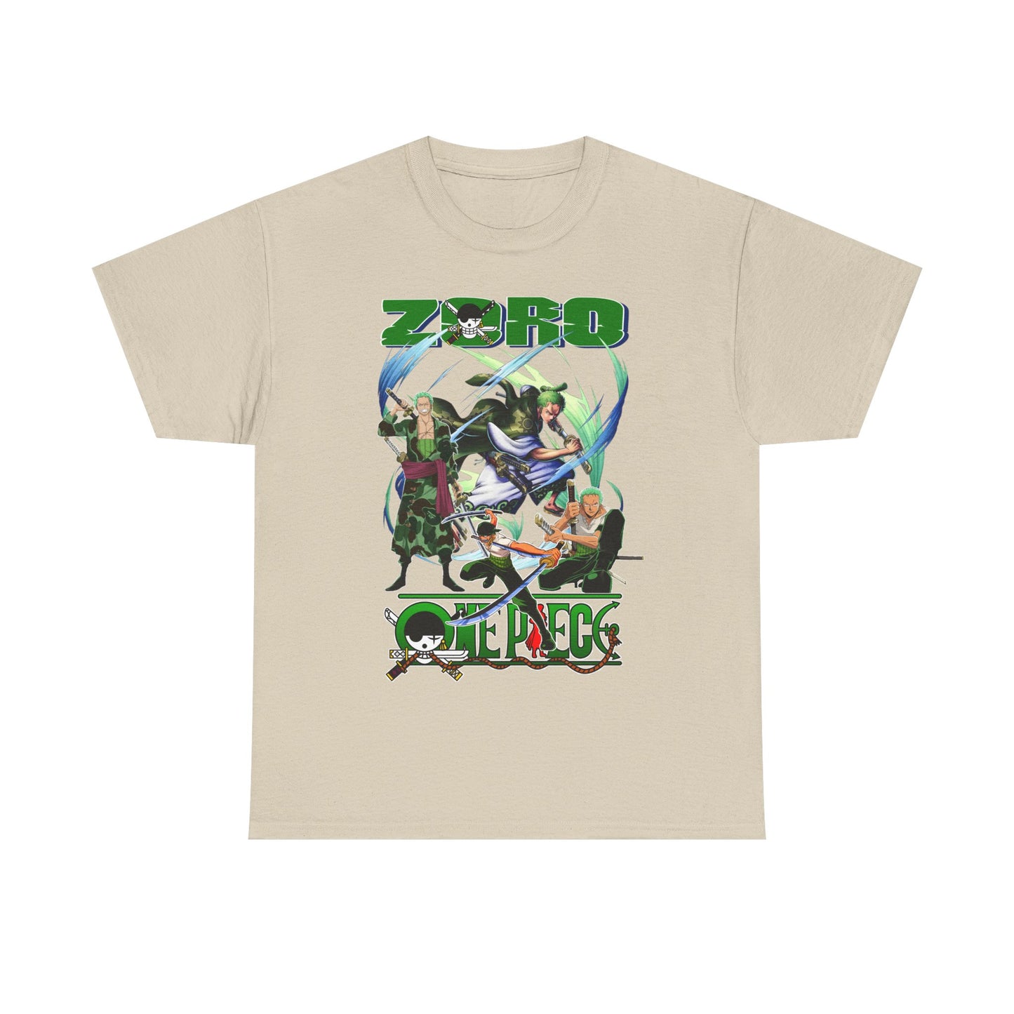 Chic One Piece Men's T-Shirt in beige depicting Zoro and beloved characters, ideal for those looking to express their anime passion with sophistication.