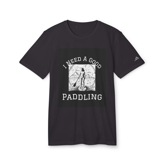 Adidas Women's Eco-Friendly Paddleboarders T-Shirt in Black featuring a stylish graphic design that says 'I NEED A GOOD PADDLING'. This luxurious activewear combines comfort and sustainability, perfect for outdoor enthusiasts.