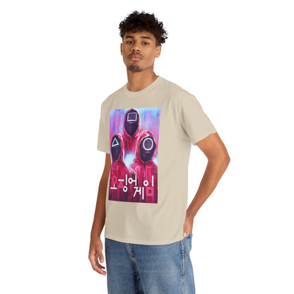 Stylish model wearing an exclusive unisex graphic tee emblazoned with a striking Squid Game design, showcasing a perfect blend of comfort and modern fashion sensibility.