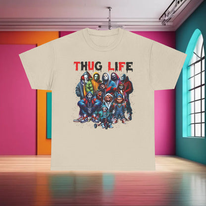 Luxury Thug Life Horror Characters Graphic T-Shirt in light beige, showcasing a vibrant design with classic horror figures reimagined in urban chic.