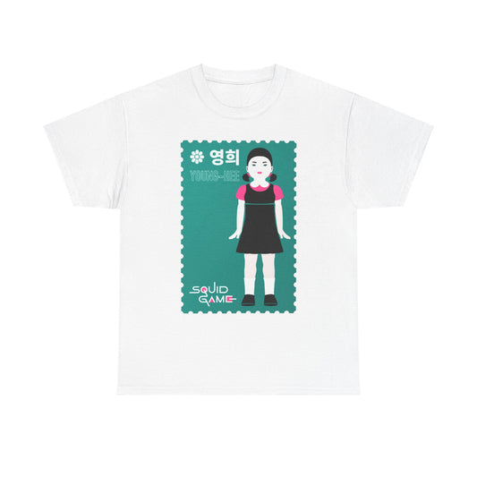 Elegant white unisex t-shirt featuring a vintage stamp design with 'Young-Hee' from Squid Game, captivating graphic art in teal and pink accents.
