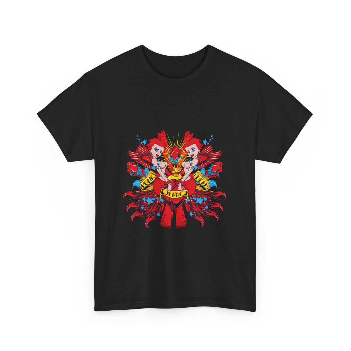 Stunning black t-shirt showcasing a dynamic cherub graphic with red heart, a statement piece for luxury outfits.