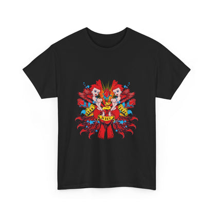 Chic black t-shirt featuring a bold cherub graphic design with vibrant colours, ideal for making a statement.