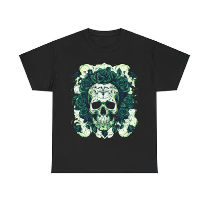 Skulls and Roses Cotton Tee in black, adorned with a striking graphic of a skull encircled by roses, representing alternative fashion.