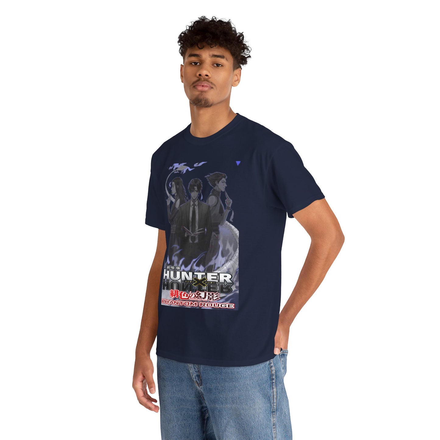 Model showcasing the elegant navy Hunter x Hunter Phantom Rouge T-shirt adorned with striking character graphics, exuding a stylish vibe.