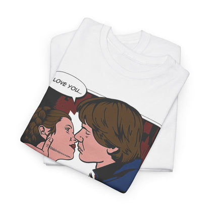Stylish folded Star Wars graphic tee displaying a comic rendition of Han Solo and Princess Leia in an affectionate pose, featuring the timeless lines 'I LOVE YOU... I KNOW...', a luxurious choice for avid collectors.
