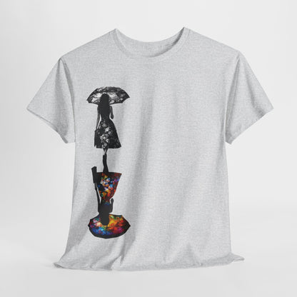 Duality Dreams Unisex Graphic T-Shirt featuring an artistic floral design with silhouettes. The shirt showcases a unique style statement with a black and white silhouette of a woman beneath an umbrella atop a vibrant, multicoloured floral pattern.