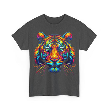 Front view of the dark heather 'Tiger's Whimsy' Graphic Tee, displaying a colourful tiger illustration that merges artistry with fashion.