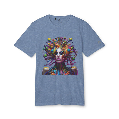 Adidas Unisex Halloween Lady of Pop T-shirt presented in blue heather, adorned with a stunning graphic print.