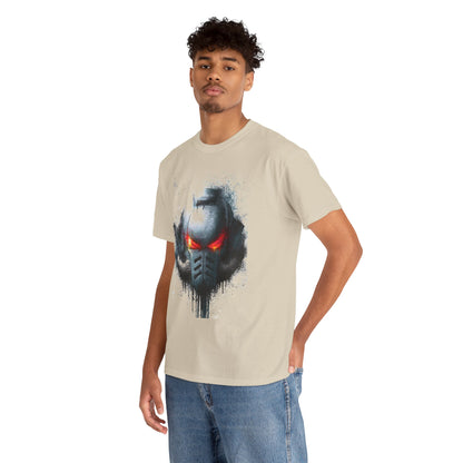 Luxury t-shirt modeled by a stylish individual, showcasing a striking helmet graphic with luminous red eyes, ideal for enthusiasts of unique urban fashion.