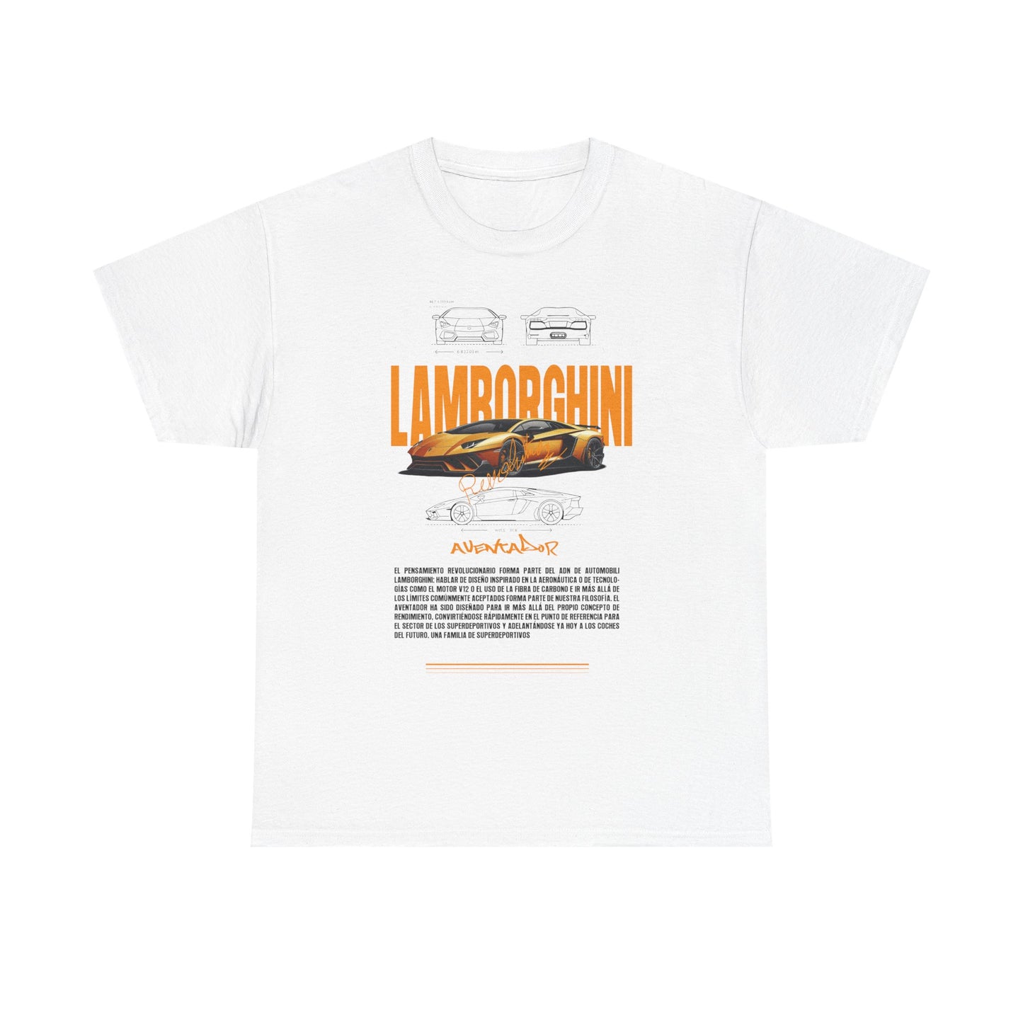 Elegant white Lamborghini Aventador graphic t-shirt, showcasing striking orange accents and detailed car illustrations, ideal for showcasing passion for luxury cars.