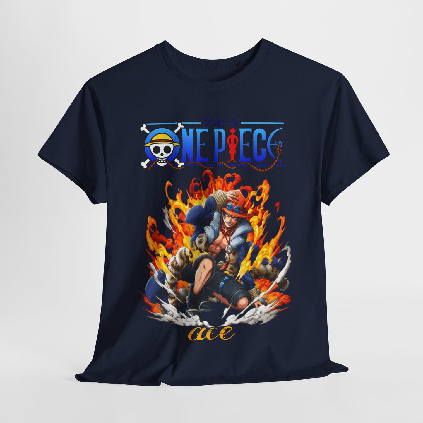 Artful display of navy Epic Ace T-Shirt draped elegantly, featuring striking Ace artwork with flames, an ideal addition for stylish anime aficionados.