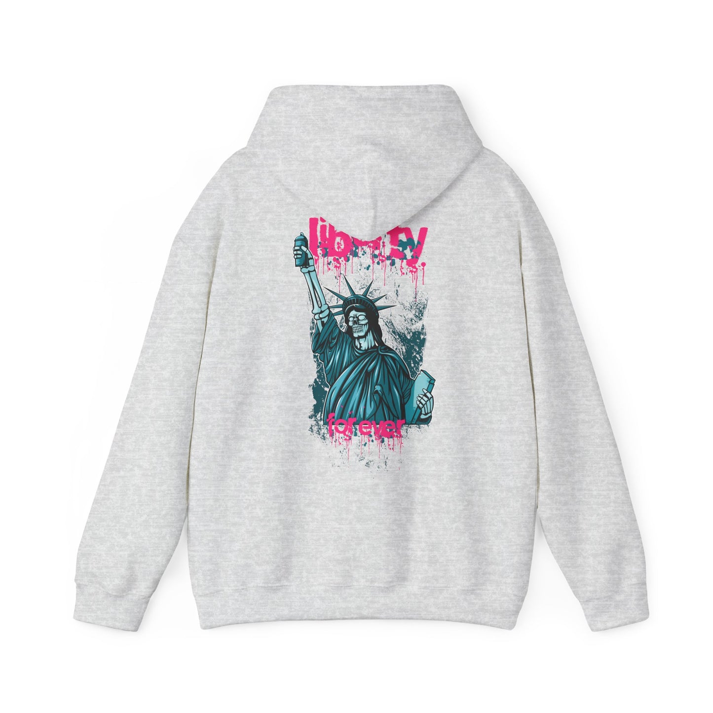 Elegant grey hoodie featuring a striking back print of the Statue of Liberty, adorned with vibrant turquoise and pink graffiti-inspired design, showcasing artistic urban style.
