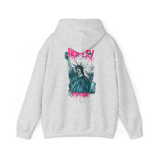 Elegant grey hoodie featuring a striking back print of the Statue of Liberty, adorned with vibrant turquoise and pink graffiti-inspired design, showcasing artistic urban style.