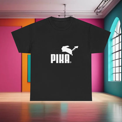 Luxurious black graphic t-shirt featuring the Pokemon character Puma logo, showcasing an artistic PIKA design, perfect for urban fashion enthusiasts and casual wear.