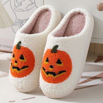 Luxurious Halloween Pumpkin Cartoon Slippers in white, featuring an elegant pumpkin design, perfect indoor house shoes for couples to celebrate Halloween.