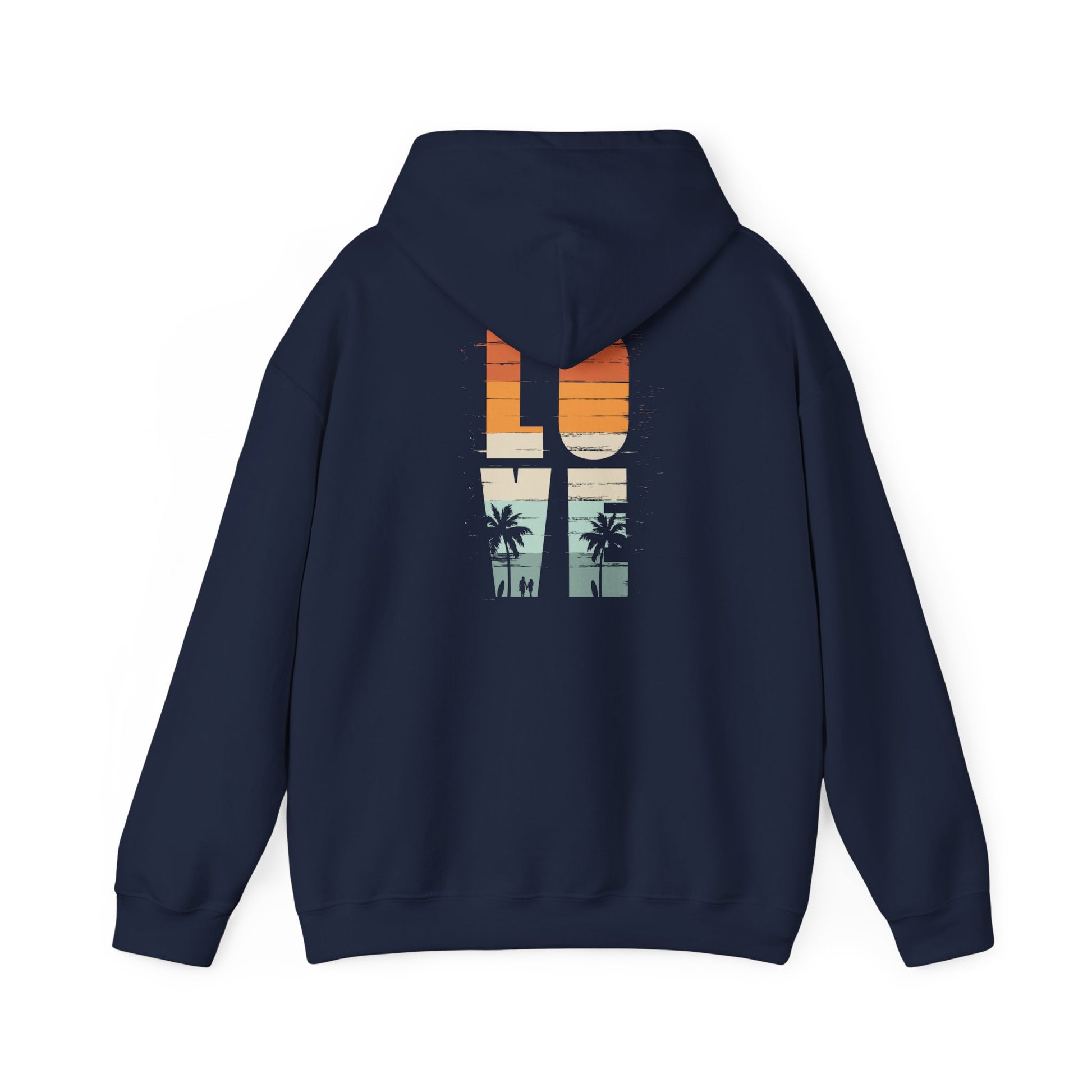 Navy vintage love hoodie featuring a stunning retro graphic design on the back, showcasing palm trees and sunset hues in an artistic arrangement.