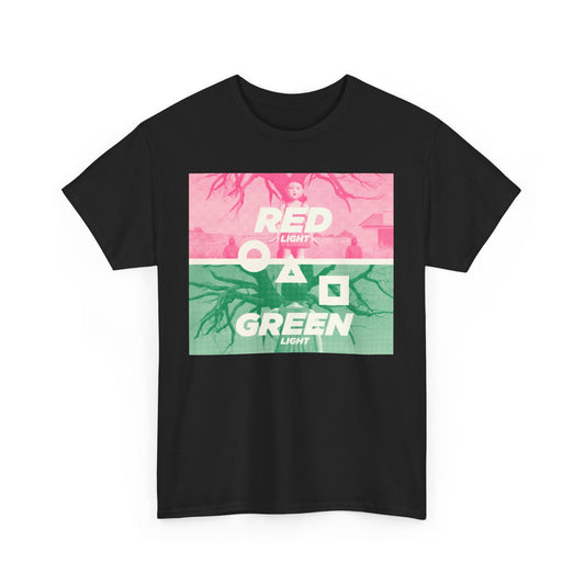 Fashionable Squid Game Graphic Tee for Unisex, showcasing the 'RED LIGHT' and 'GREEN LIGHT' motif, perfect for making a bold statement.